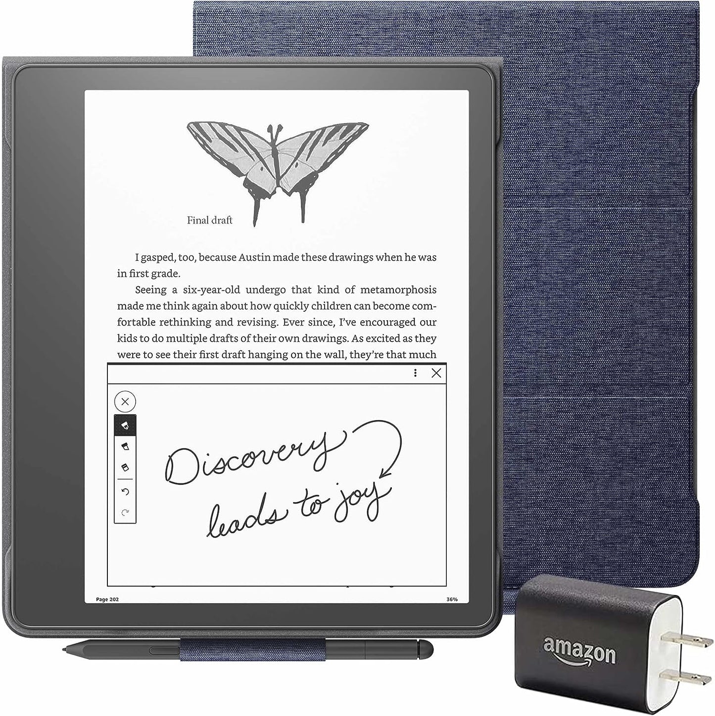 Kindle Scribe Essentials Bundle (64 GB), Premium Pen, Fabric Folio Cover with Magnetic Attach and Power Adapter