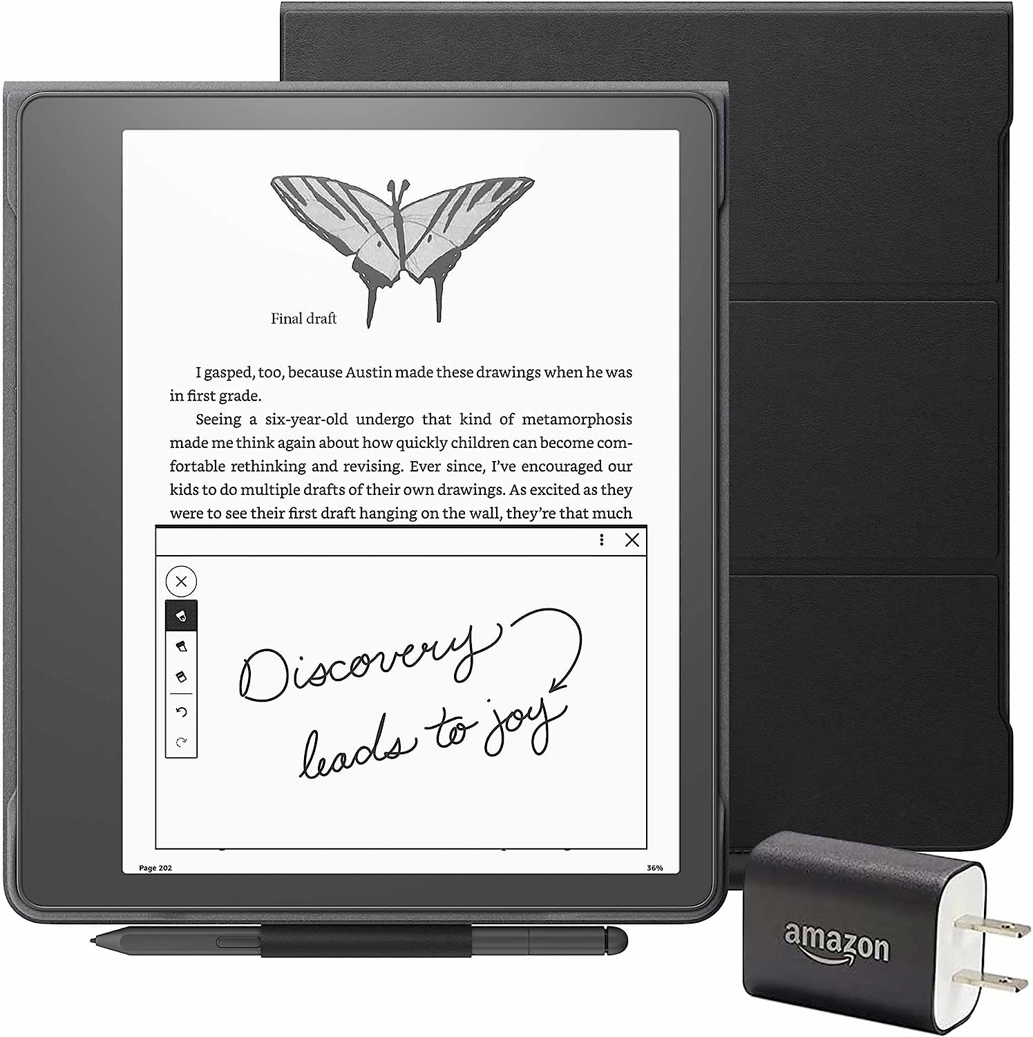 Kindle Scribe Essentials Bundle including Kindle Scribe (32 GB), Premium Pen, Leather Folio Cover with Magnetic Attach - Burgundy, and Power Adapter
