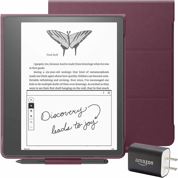 Kindle Scribe Essentials Bundle including Kindle Scribe (32 GB), Premium Pen, Leather Folio Cover with Magnetic Attach - Burgundy, and Power Adapter